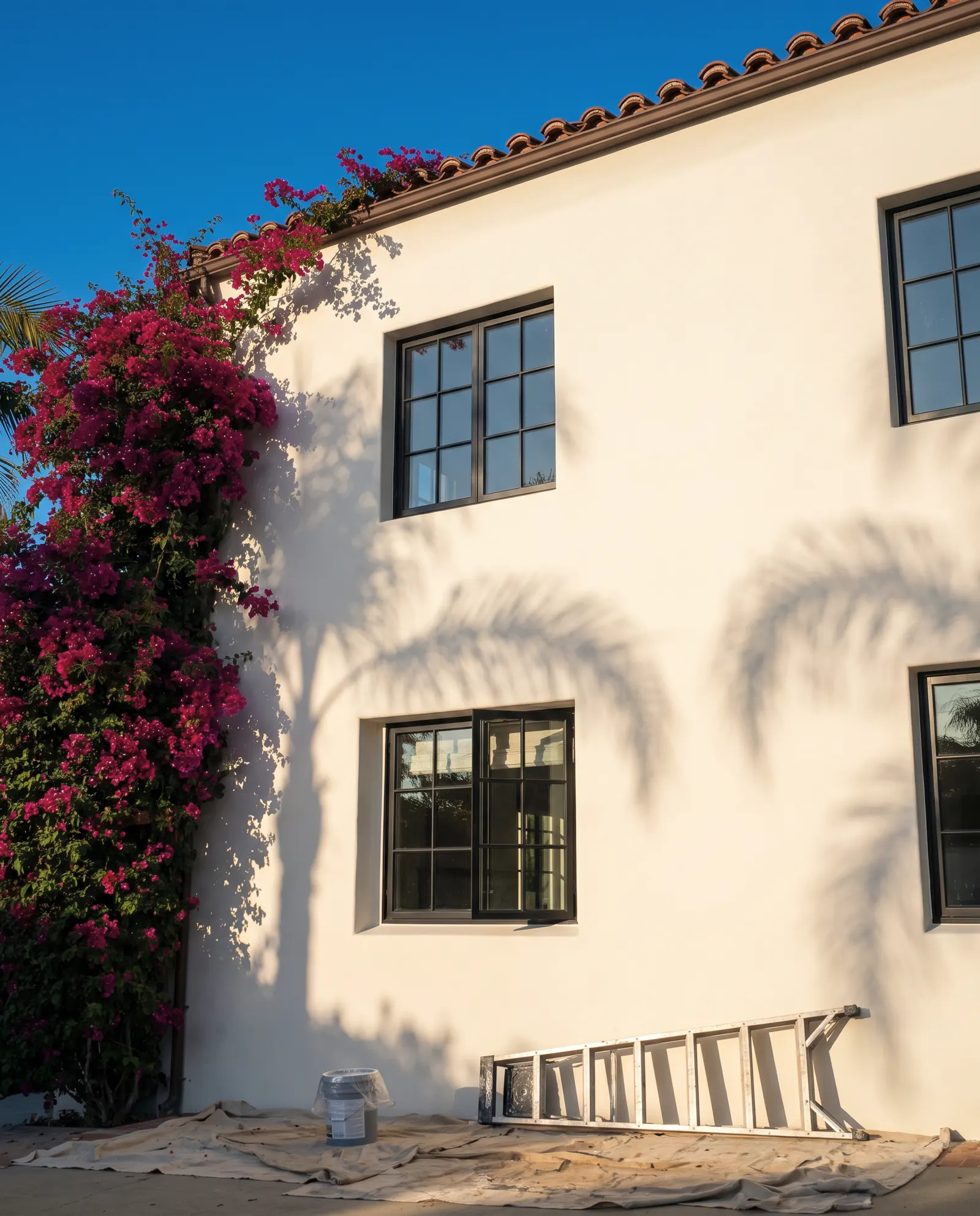 Painter rolling fresh paint onto a sunlit stucco exterior wall of a Los Angeles home
