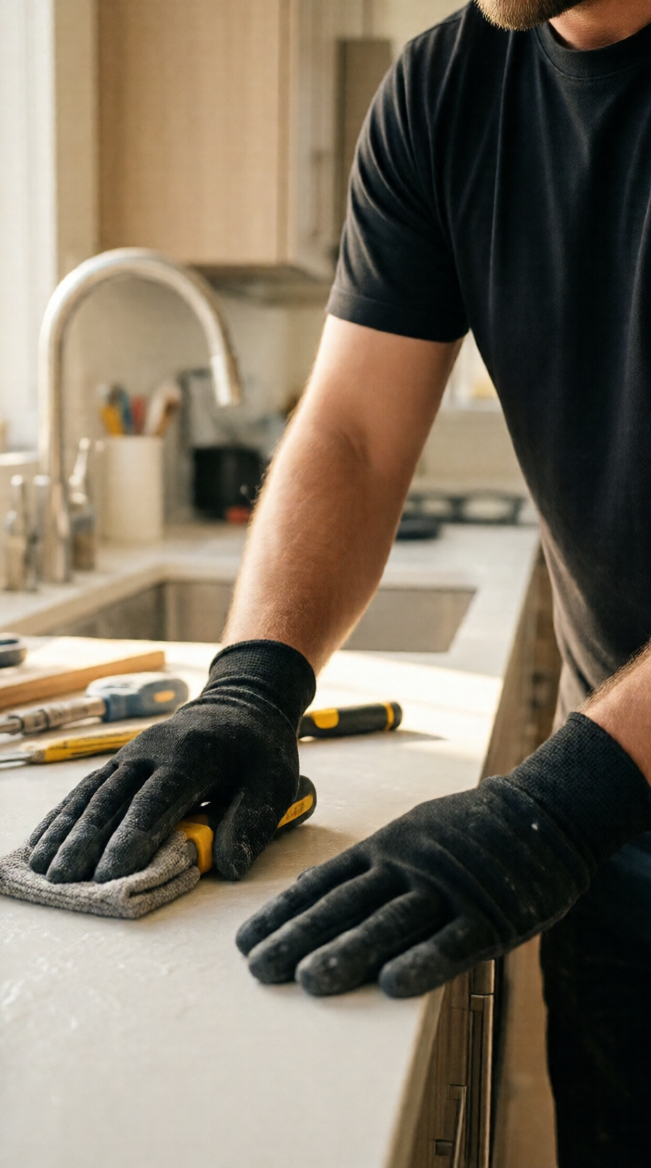 Homeowner using a soft nylon brush and baking soda paste on dirty shower grout lines