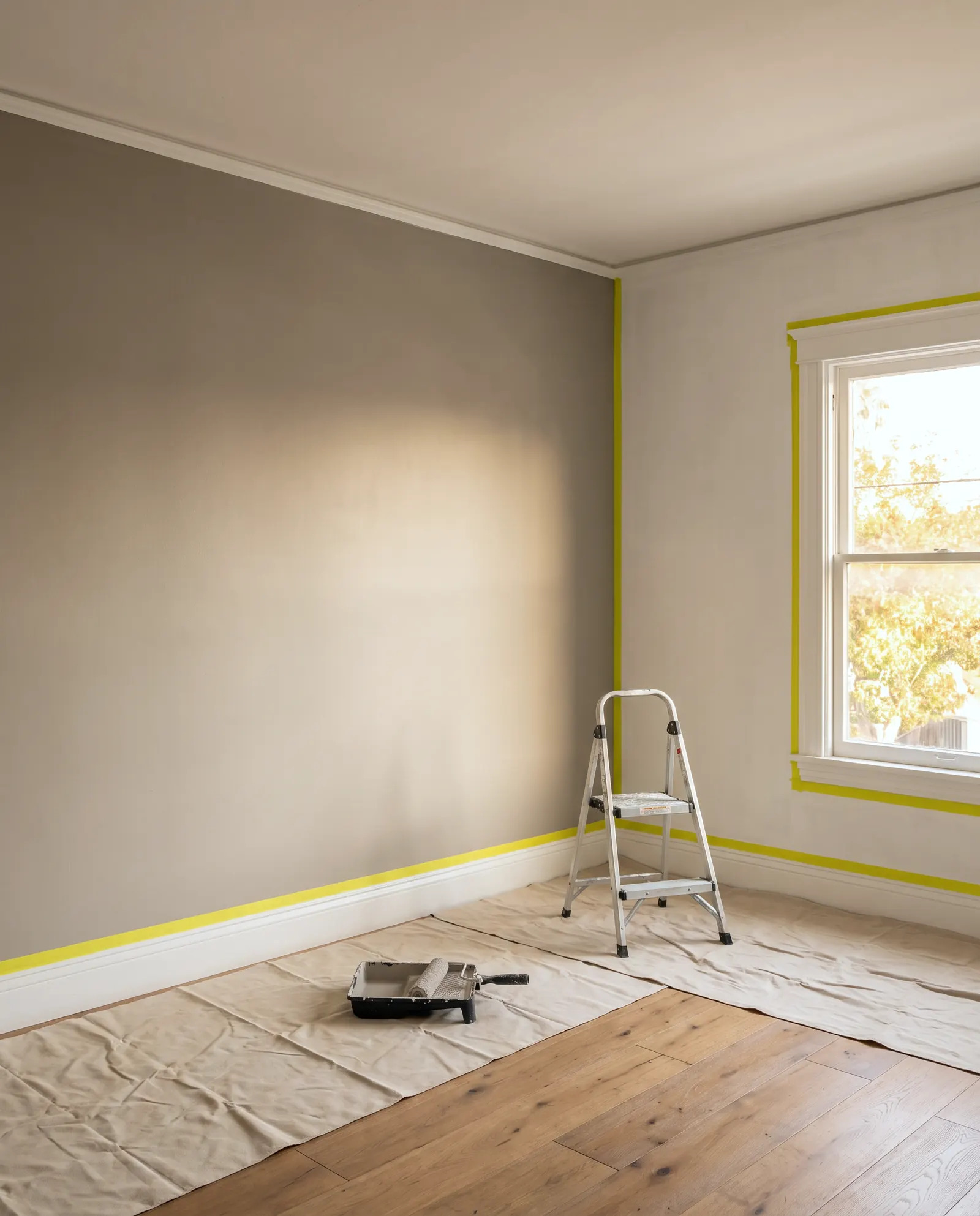 Room prepared for painting with furniture grouped in the center and floors covered with drop cloths