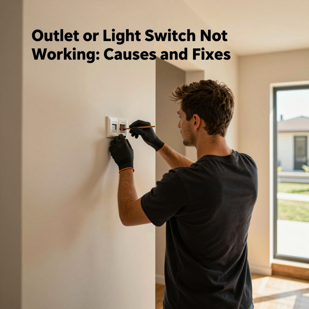 Wall outlet and light switch with cover plates removed beside a voltage tester