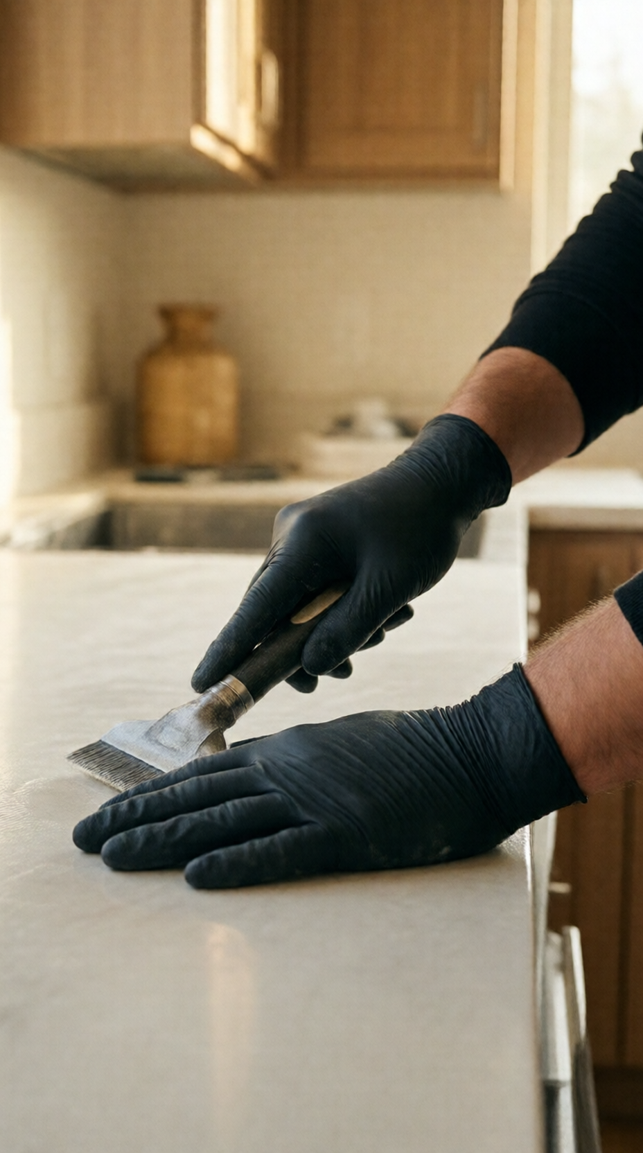 Hands wiping a salt-dusted metal railing with a damp microfiber cloth beside a sunlit window