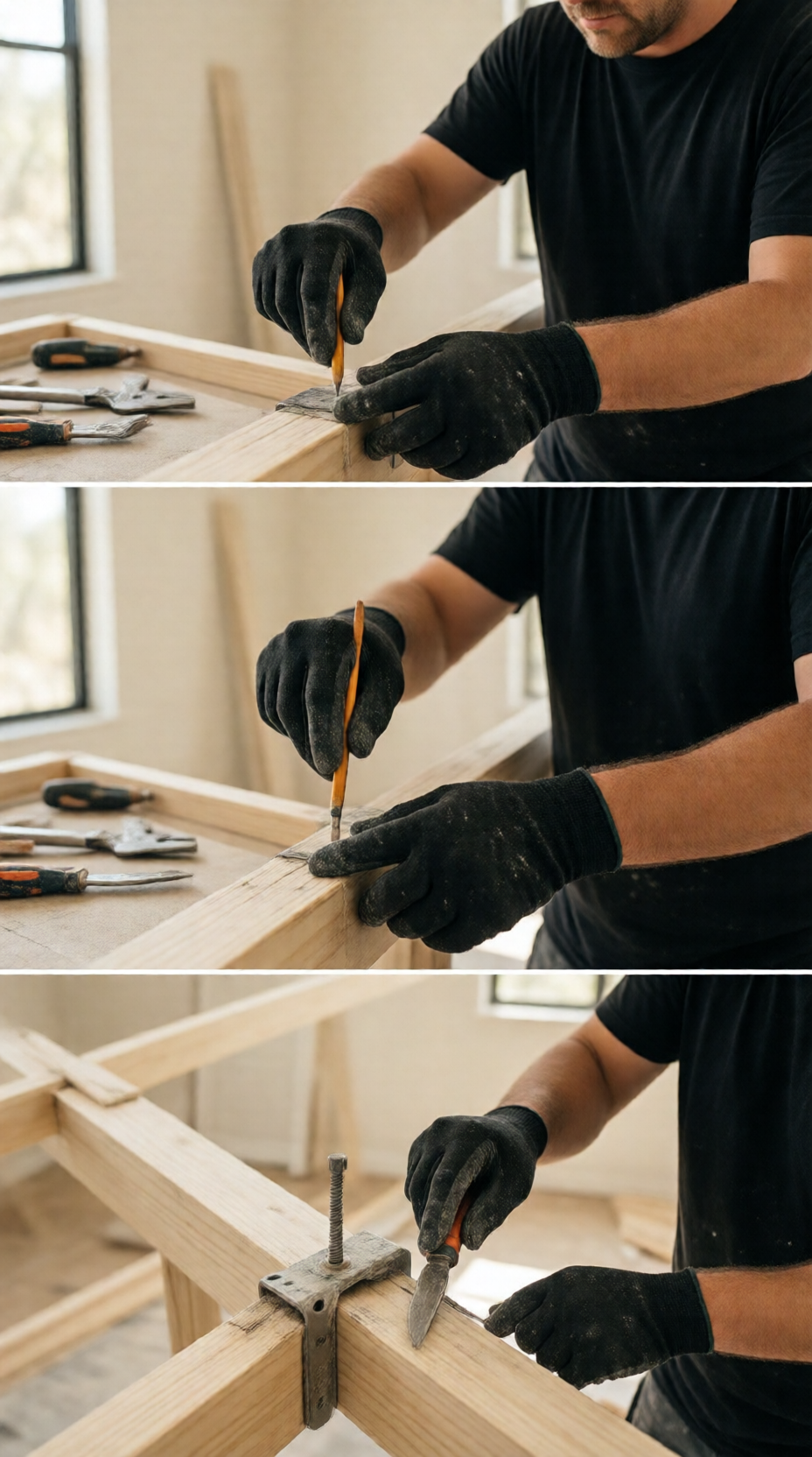 Close-up of peeling paint on wood trim with bare wood showing and a scraper nearby