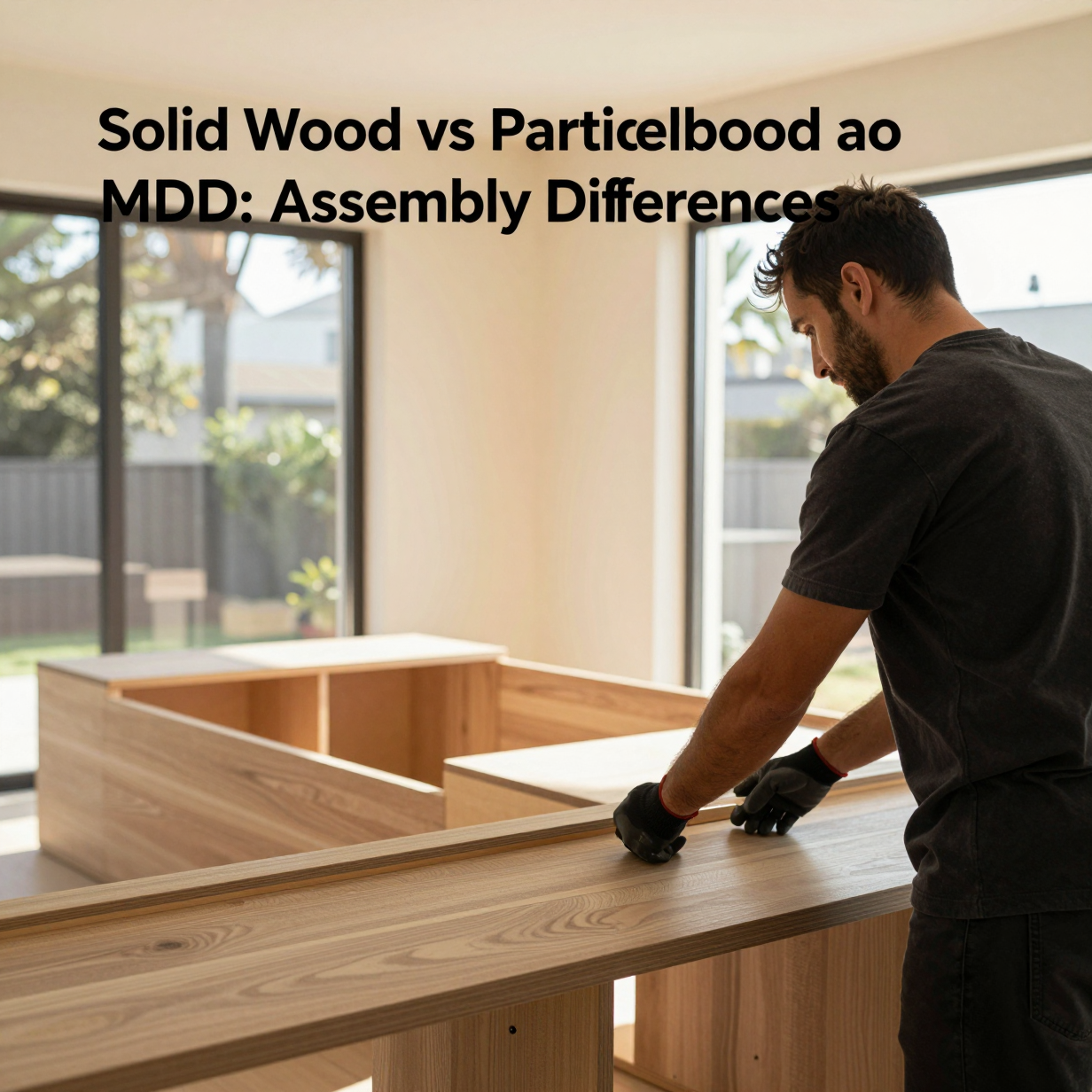 Three furniture panel samples of solid wood, particleboard, and MDF laid beside hand tools