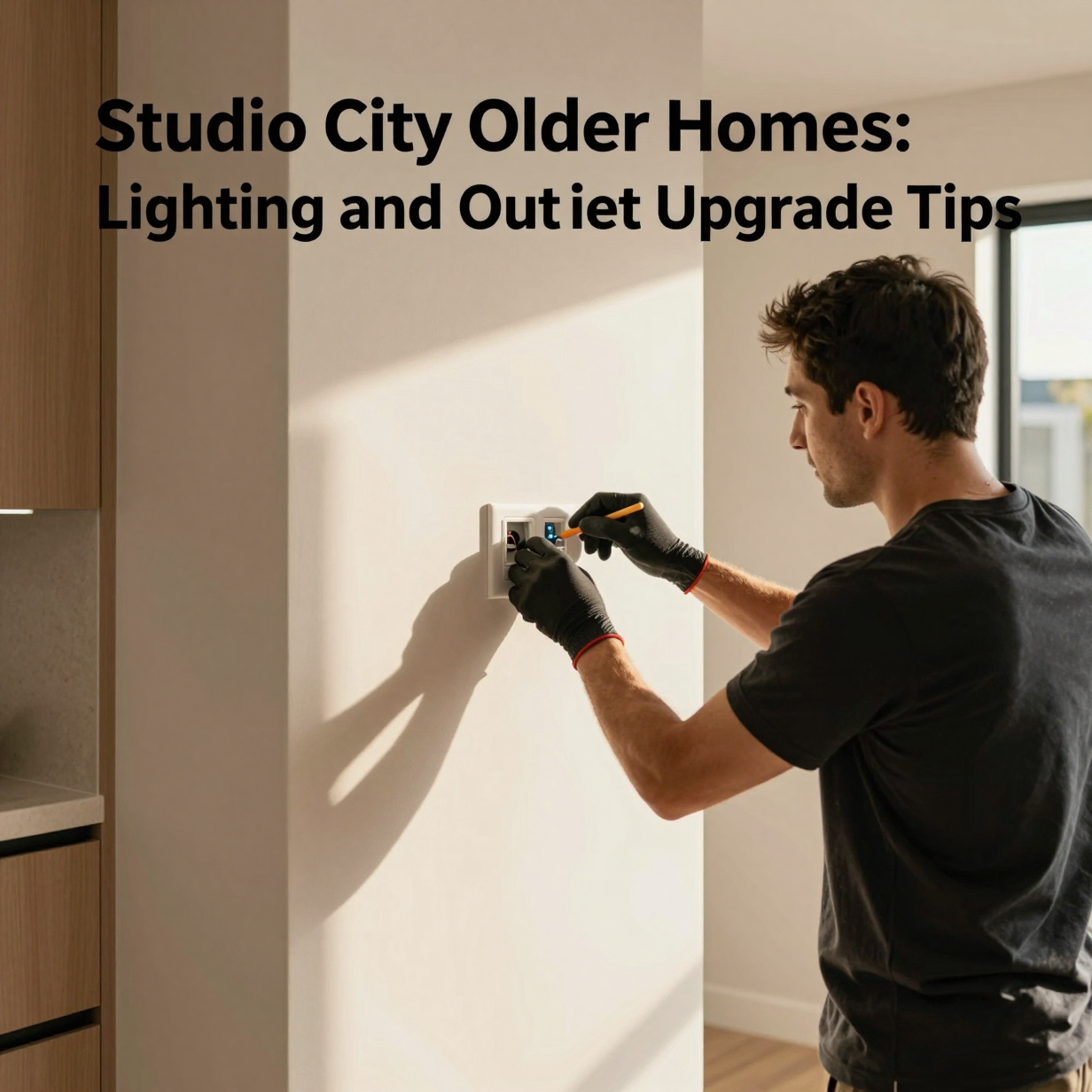 Older Studio City living room with updated ceiling light and new outlet beside a wall