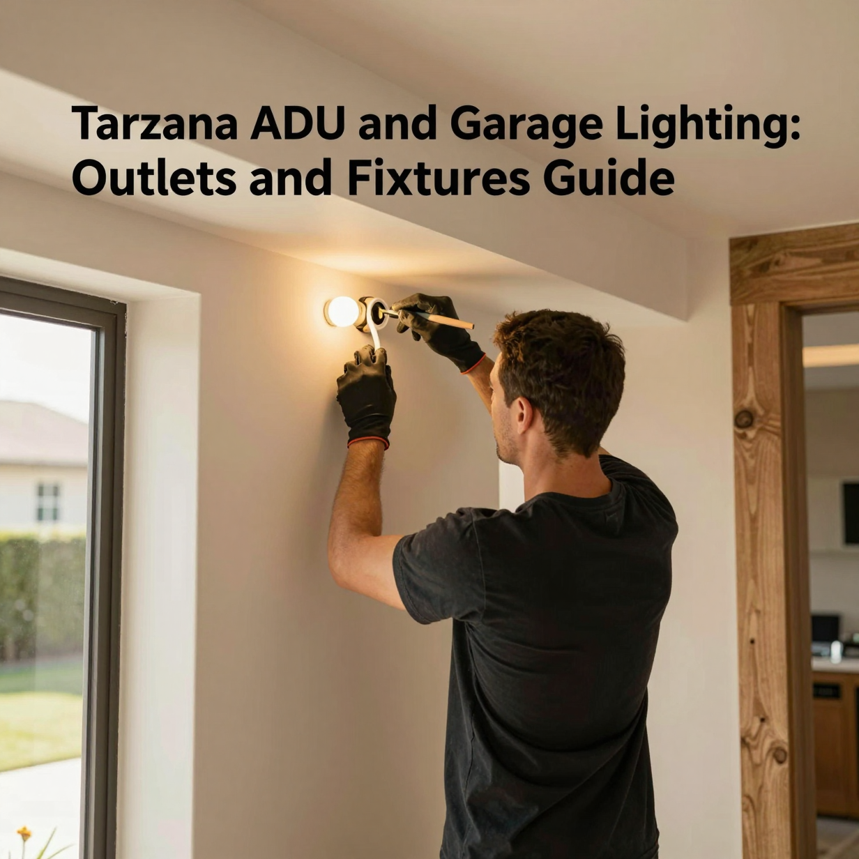 Converted Tarzana garage with ceiling LED fixtures, wall outlets, and a workbench