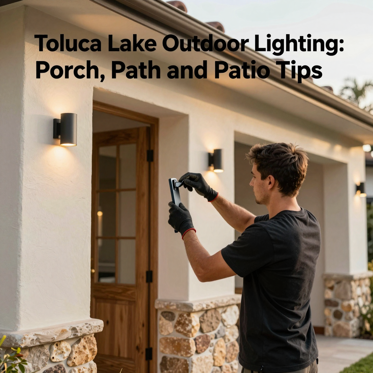 Warmly lit Toluca Lake home with porch light, path lights and patio glow at dusk