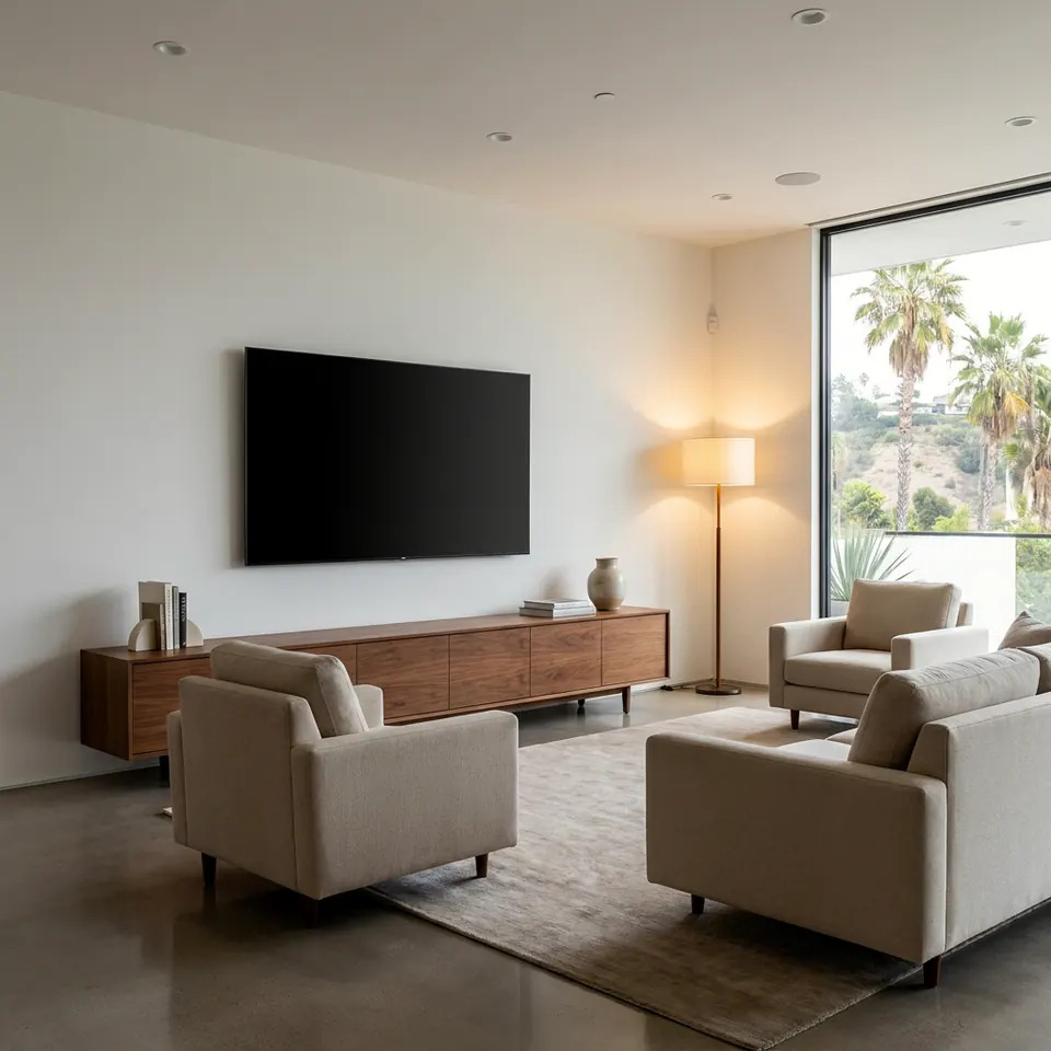Wall-mounted television in a San Marino living room with cables neatly hidden in the wall