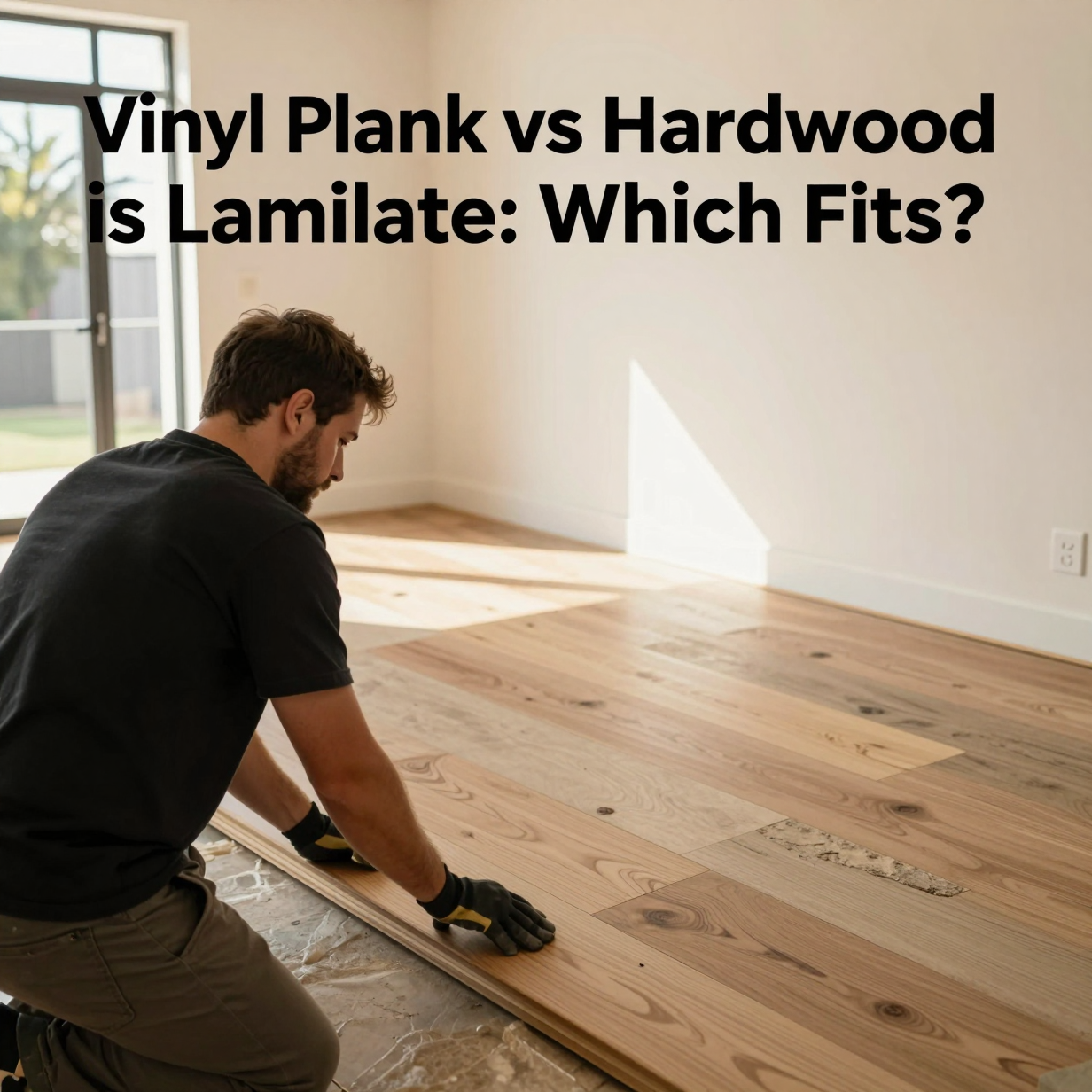 Three flooring samples, vinyl plank, hardwood, and laminate, side by side on a living room floor