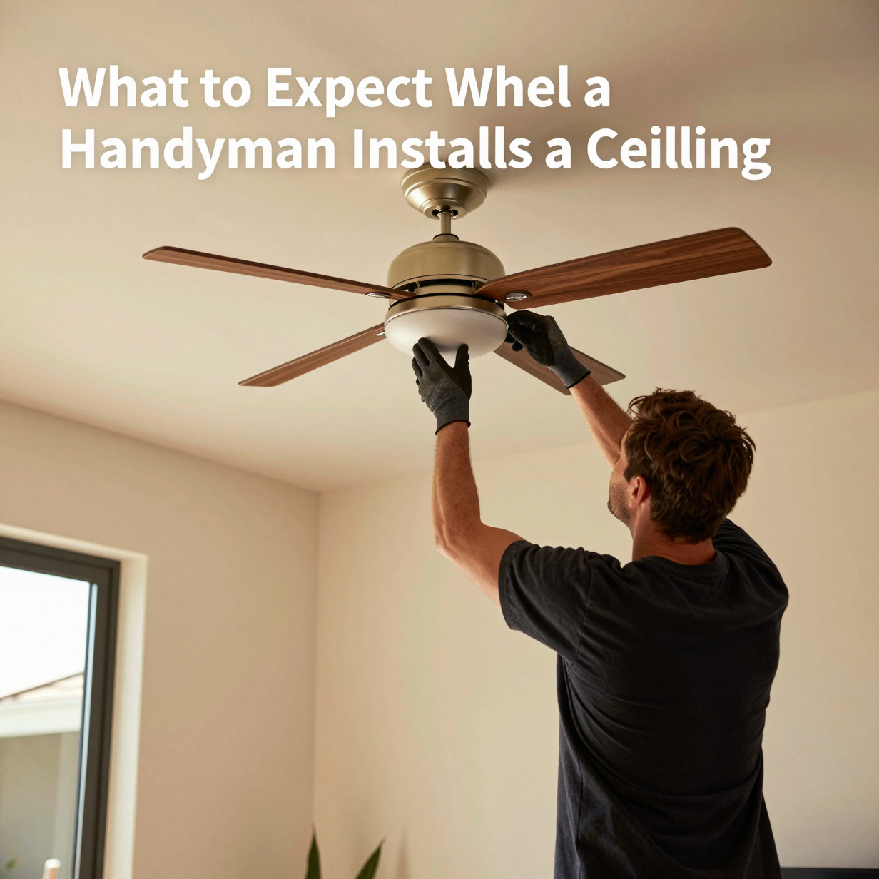 Handyman on a ladder mounting a ceiling fan in a bright living room