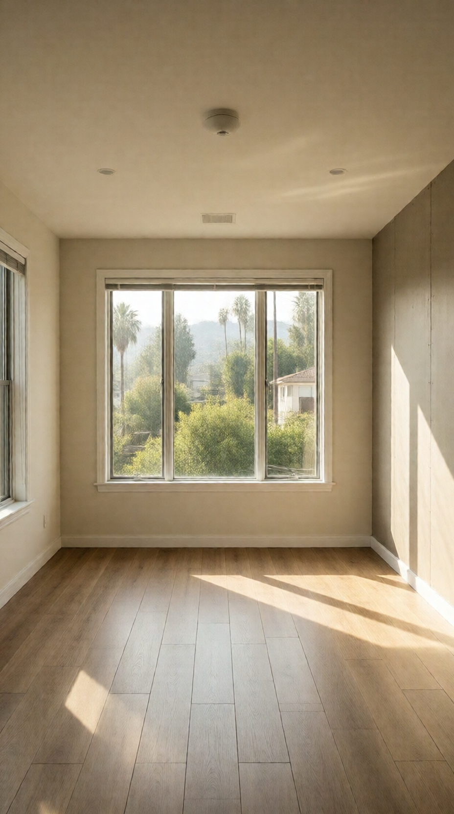 Freshly painted living room wall with even sheen across a repaired drywall section